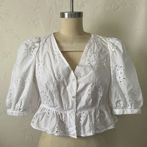 ZARA White Eyelet Openwork Embroidered Puffy Sleeve Crop Top Blouse  - Size M